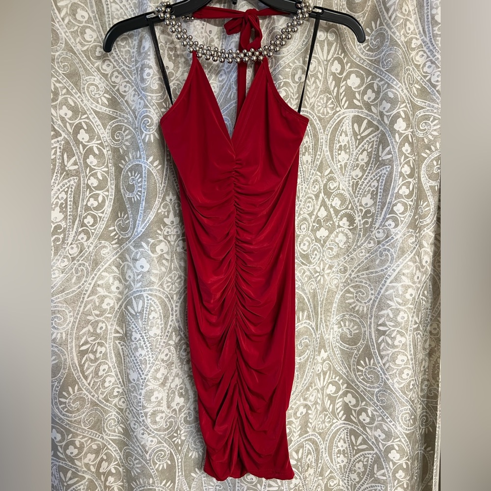 Women’s Medium Fire Red Ruched Fitted Mini Dress w/silver tie beaded neck.